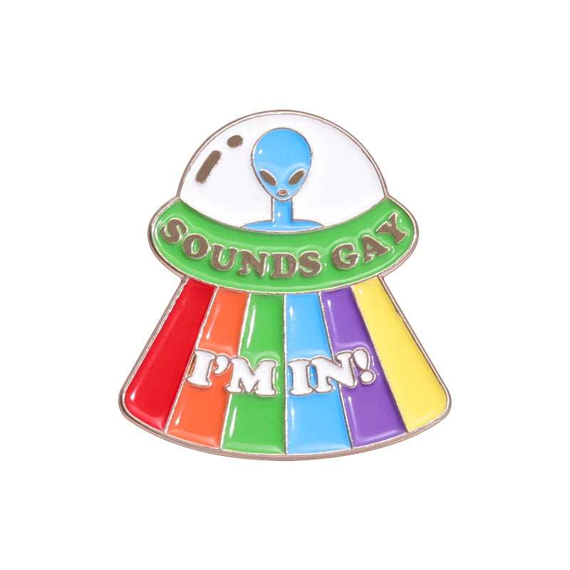 LGBTQ Pride Collect You Are Safe With Me Enamel Pins Rainbow Spaceship UFO Shield Cat Brooches Lapel Badges Jewelry Lover Gifts
