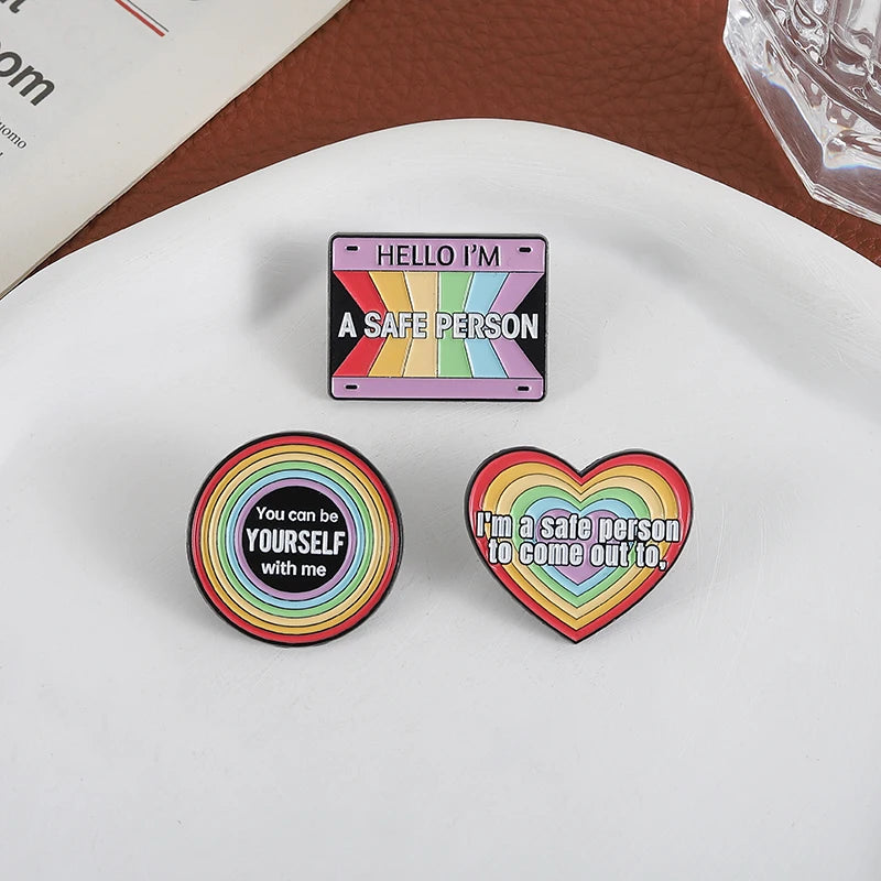 LGBTQ Pride Collect You Are Safe With Me Enamel Pins Rainbow Spaceship UFO Shield Cat Brooches Lapel Badges Jewelry Lover Gifts