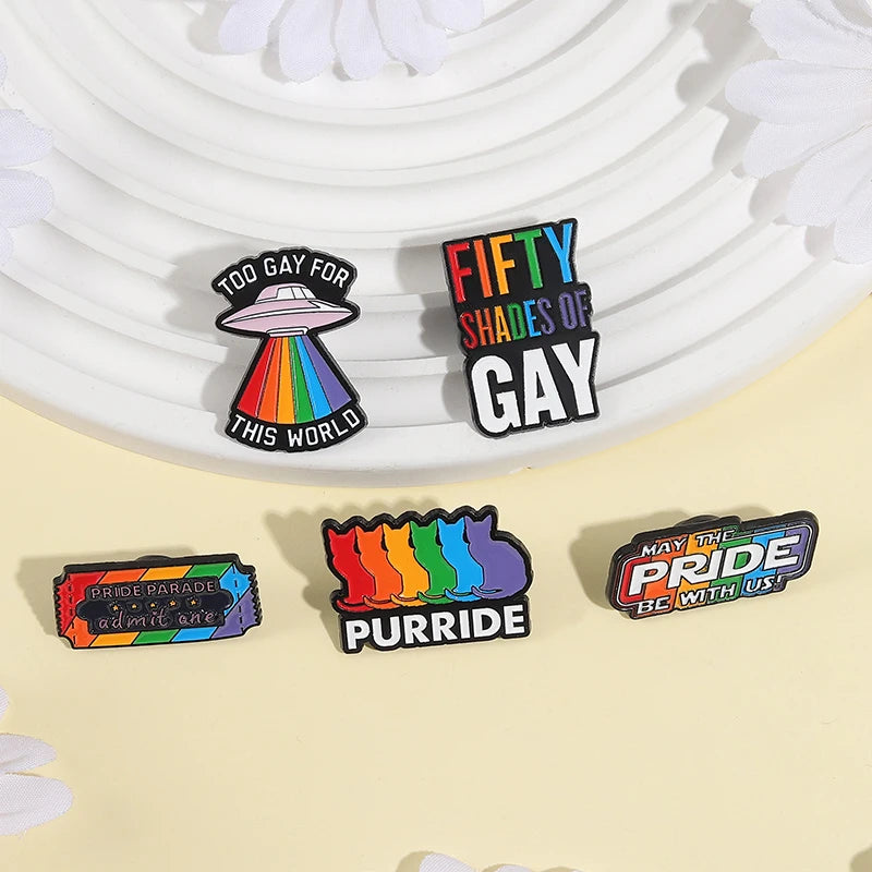 LGBTQ Pride Collect You Are Safe With Me Enamel Pins Rainbow Spaceship UFO Shield Cat Brooches Lapel Badges Jewelry Lover Gifts