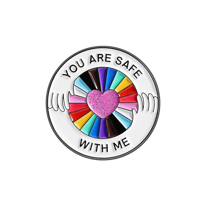 LGBTQ Pride Collect You Are Safe With Me Enamel Pins Rainbow Spaceship UFO Shield Cat Brooches Lapel Badges Jewelry Lover Gifts