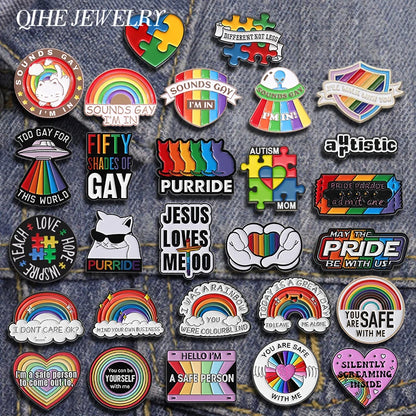 LGBTQ Pride Collect You Are Safe With Me Enamel Pins Rainbow Spaceship UFO Shield Cat Brooches Lapel Badges Jewelry Lover Gifts