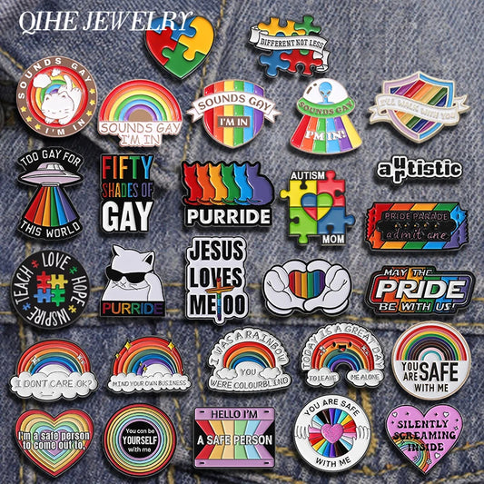 LGBTQ Pride Collect You Are Safe With Me Enamel Pins Rainbow Spaceship UFO Shield Cat Brooches Lapel Badges Jewelry Lover Gifts