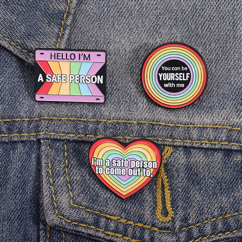 LGBTQ Pride Collect You Are Safe With Me Enamel Pins Rainbow Spaceship UFO Shield Cat Brooches Lapel Badges Jewelry Lover Gifts