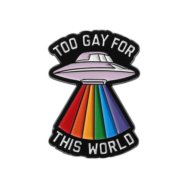 LGBTQ Pride Collect You Are Safe With Me Enamel Pins Rainbow Spaceship UFO Shield Cat Brooches Lapel Badges Jewelry Lover Gifts