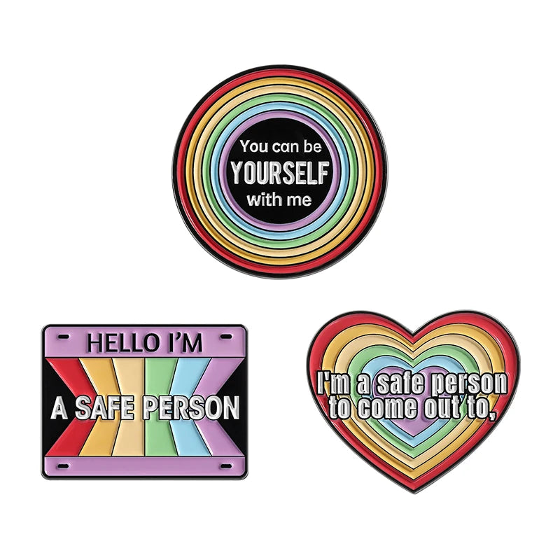LGBTQ Pride Collect You Are Safe With Me Enamel Pins Rainbow Spaceship UFO Shield Cat Brooches Lapel Badges Jewelry Lover Gifts