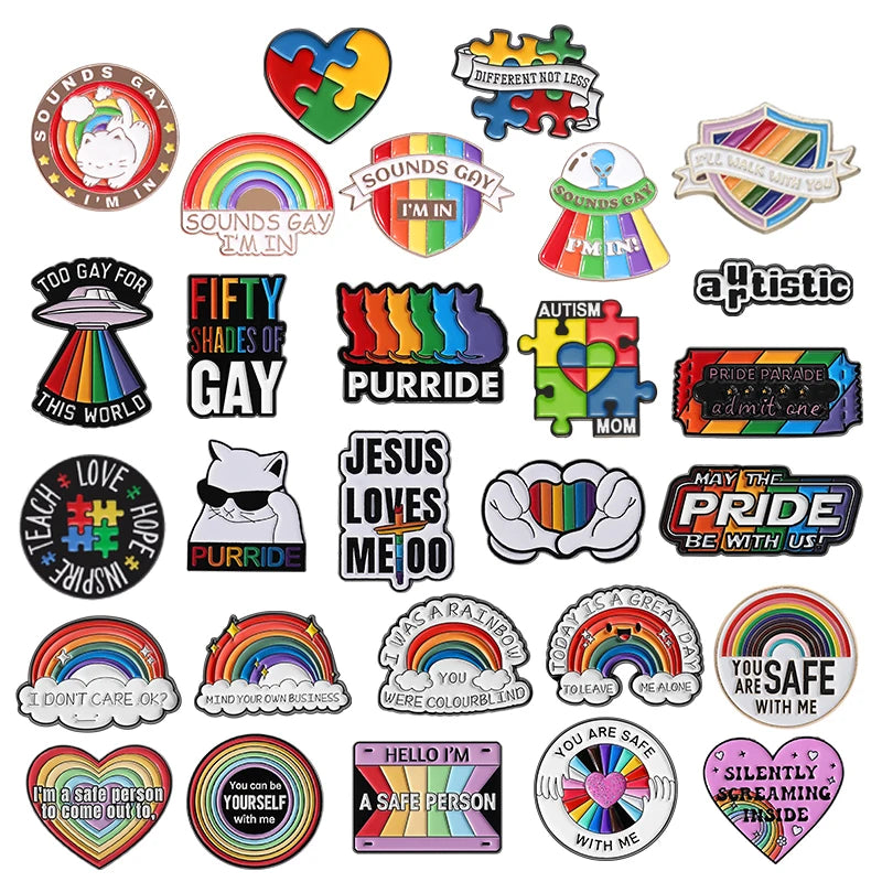 LGBTQ Pride Collect You Are Safe With Me Enamel Pins Rainbow Spaceship UFO Shield Cat Brooches Lapel Badges Jewelry Lover Gifts